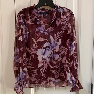 White House Black Market Red and Purple Ruffled Blouse with Cuffed Sleeves